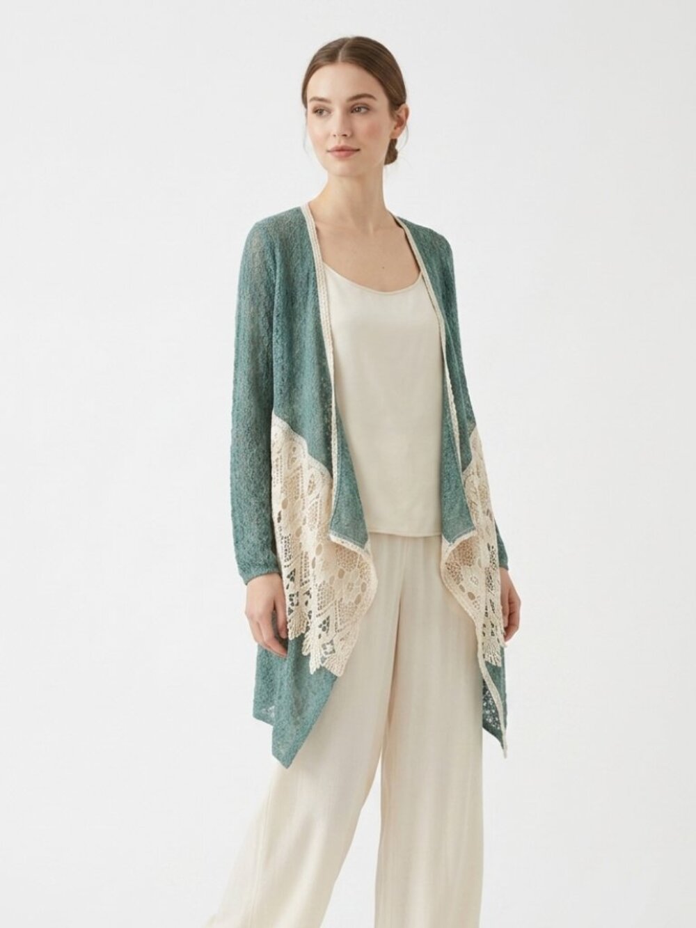 Ryu Cardigan Crochet Lace Open Sheer Boho Shabby Chic Green Cream S